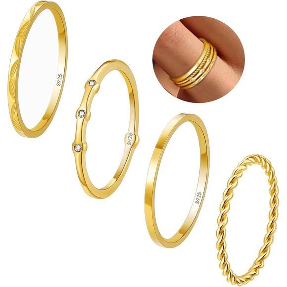 Jewelry - 4PC S925 Sterling Silver Rings for Women, 14k Gold Filled Plated Stackable Thin